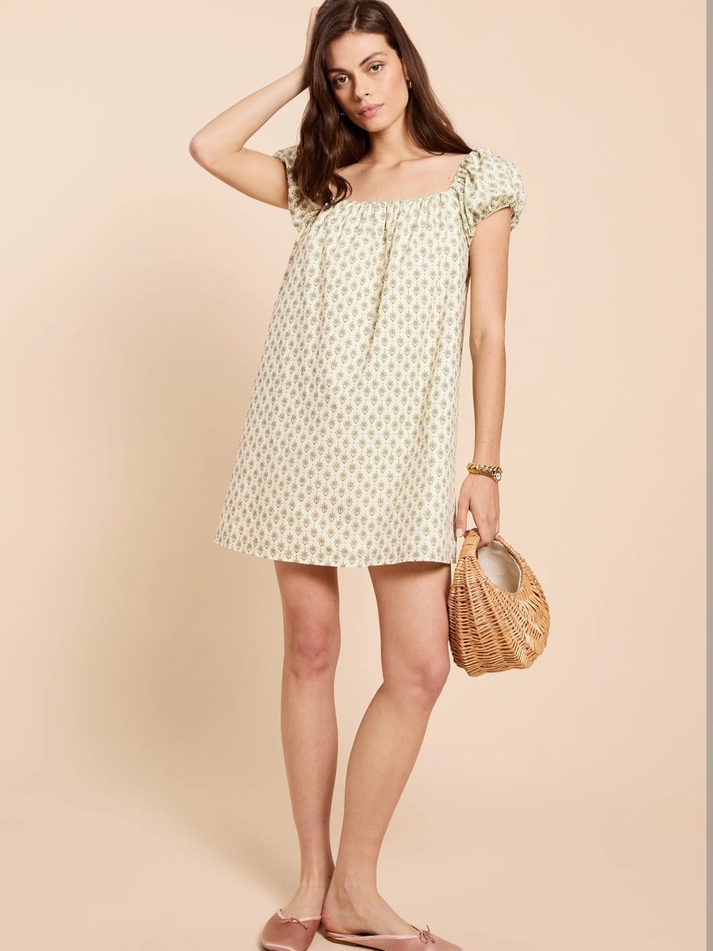 Few Moda Kourt Square-Neck Cream Mini Dress with Puff Sleeves
